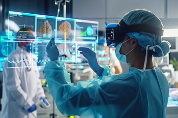 In a high-tech operating room, a surgeon uses virtual reality to explore detailed brain scans during a surgical procedure - 764967552