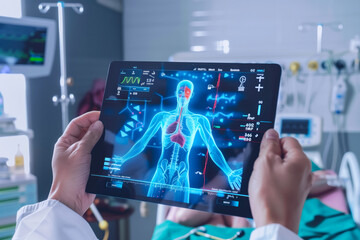 A sophisticated medical tablet showcases a transparent human body with detailed anatomy and health data overlays - 764967555