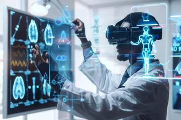 A healthcare professional engages with futuristic virtual reality technology to analyze medical data and patient information