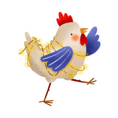 A joyful hand-drawn rooster with a glowing garland. Birthday illustration. Cute kids cartoon holiday illustration for children's birthday and baby shower