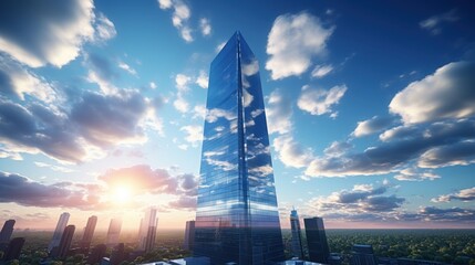 Photorealistic Tall building and behind it a beautiful and sky