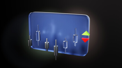 Place for text from a flat blue glass surface with up and down arrows and graphs of Japanese candles on a black background, 3d rendering