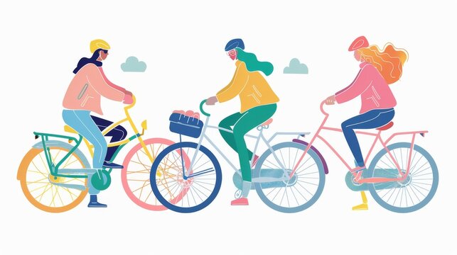 The illustration depicts people riding bikes together in a multiplayer mode. It has a flat design style with minimal lines.