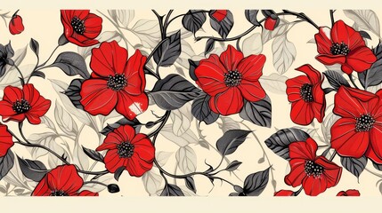 Flowing floral pattern on a monochrome background with red flowers