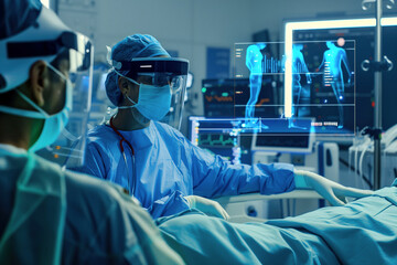 A team of medical professionals operates using sophisticated virtual interfaces in a contemporary surgery room