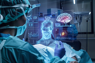 Surgeon in blue scrubs using virtual reality technology to visualize patient data and diagnostics in a technologically advanced medical setting