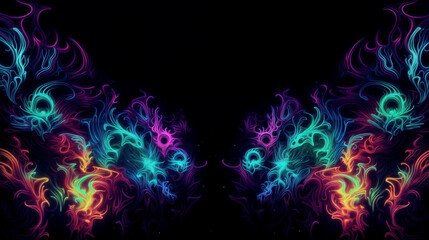 Vivid, abstract digital art featuring swirling neon patterns in a symphony of red, blue, and yellow on a dark background