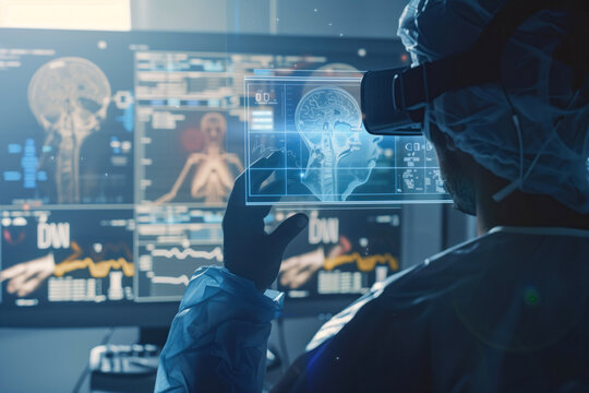 Image shows a focused surgeon examining detailed brain scans on a high-tech digital display during a medical procedure for precise diagnostics