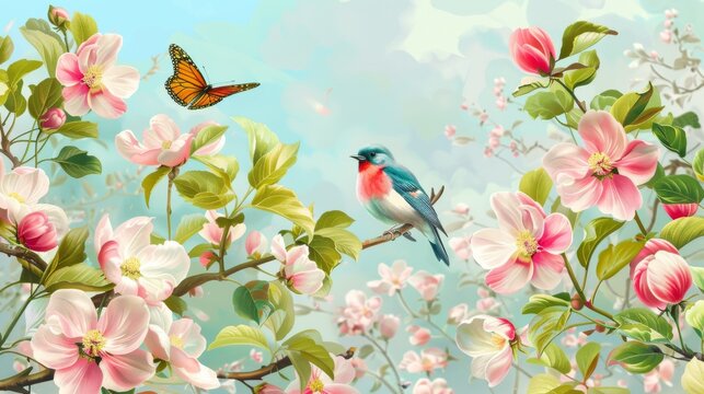 An apple tree and a bird fly against a flowery background.