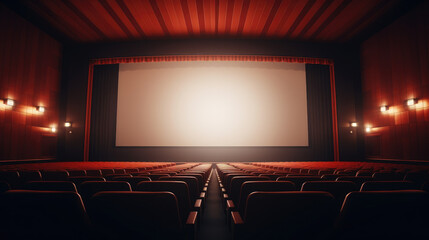 Theater hall or movie cinema room with red seat and wide blank white screen. Comfortable armchair - Powered by Adobe
