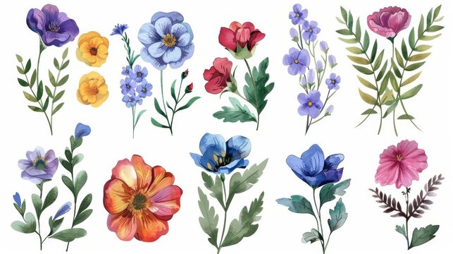 A colorful floral collection with leaves and flowers, drawn in watercolor. Perfect for invitations, wedding cards, and greeting cards.
