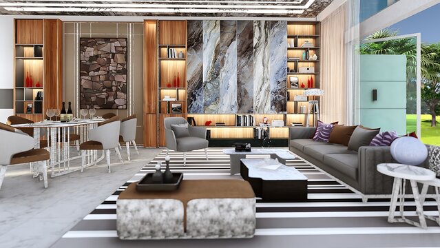 Modern living room interior design with sitting wall decoration with wall mates and pictures