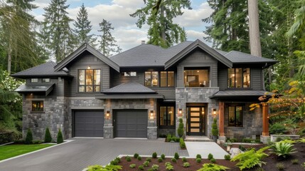 Fototapeta na wymiar Gray wood siding, stone columns, and two parking spaces are elements of this elegant home design in Bellevue with a contemporary curb appeal.