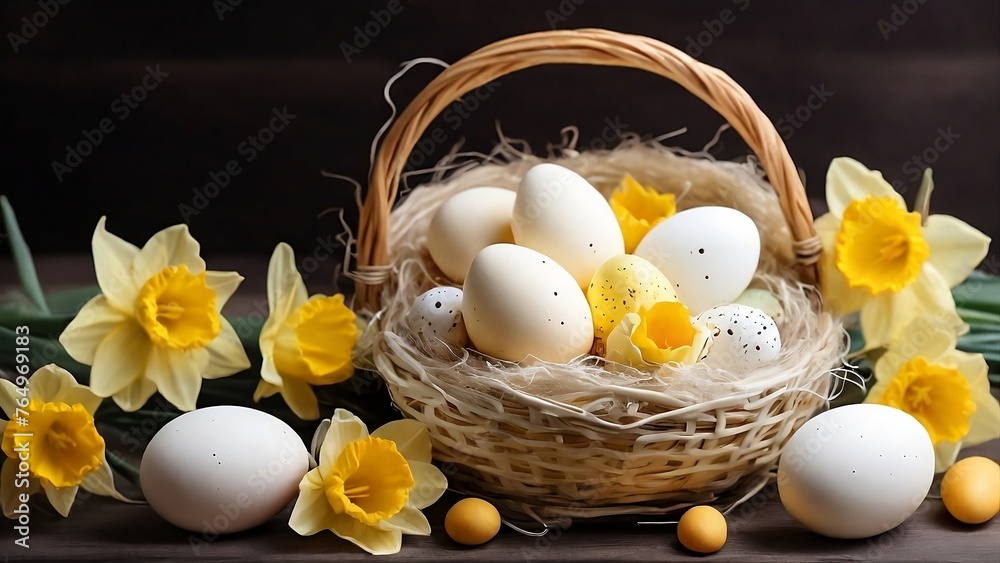 Wall mural Easter holiday celebration greeting - White yellow easter eggs in a bird nest basket and yellow daffodils flower created with generative ai	