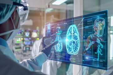Neuroscience and diagnostics merge as a doctor examines detailed brain images and data on a futuristic digital display