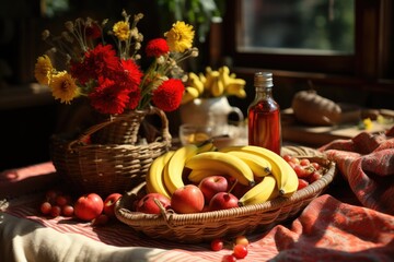 One, high view, of, picnic basket, with bananas, and, apples, connected, blanket, generative IA