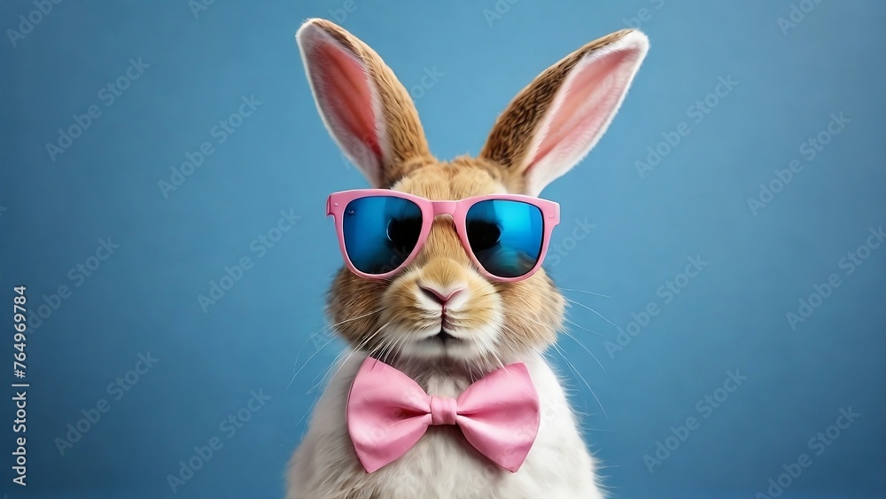 Wall mural Funny easter animal pet - Easter bunny rabbit with sunglasses, shirt and bow tie, giving thumb up, isolated on blue color background created with generative ai	