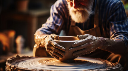 elderly potter carefully sculpts a beautiful vase on a potter's wheel, his hands are covered with wet clay
