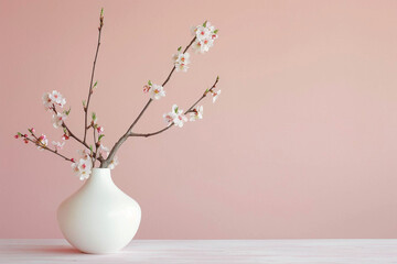 Blooming peach branches in a white vase against a pastel pink wall with copy space on the right. Decor element, style, design.