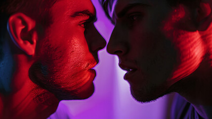two men look at each other aggressively and in love eyes in red purple light