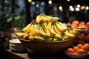A bowl of bananas is on a counter and one of them is labeled as bananas., generative IA