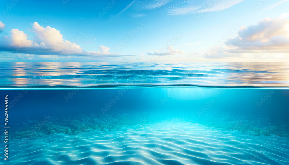Aufkleber Underwater and surface view of a clear blue ocean with sunlight. Serenity concept. Generative AI