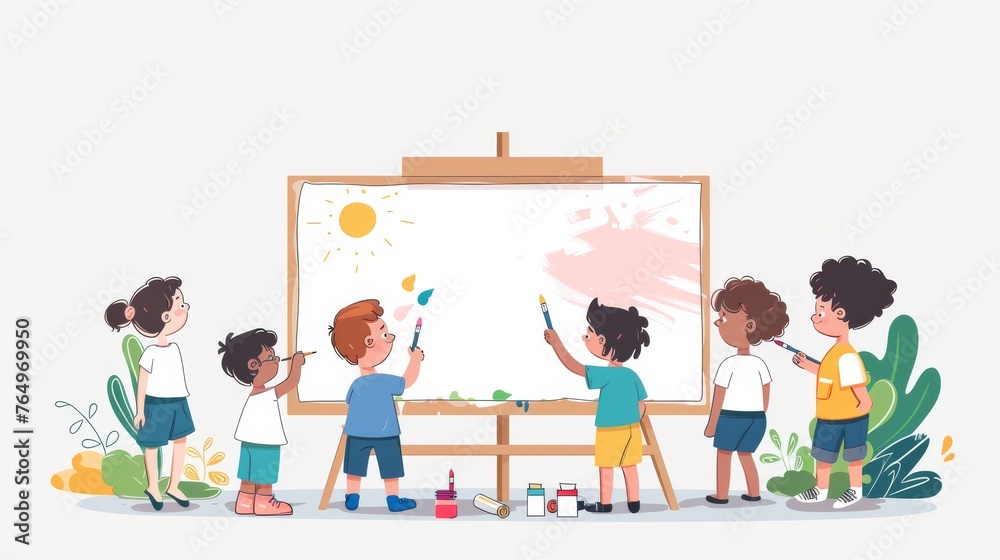 Wall mural On a large whiteboard the children are painting their dreams. The illustration is in a flat design style minimal modern style.