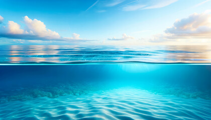 Fototapeta na wymiar Underwater and surface view of a clear blue ocean with sunlight. Serenity concept. Generative AI