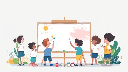 On a large whiteboard the children are painting their dreams. The illustration is in a flat design style minimal modern style. - obrazy, fototapety, plakaty