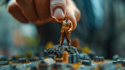 Close-up of man in suit picking up a figurine of businessman, Support or patronage of capitalists by politicians or powerful people, Generative AI - obrazy, fototapety, plakaty