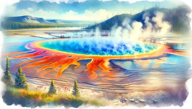 Watercolor Painting of Grand Prismatic Spring