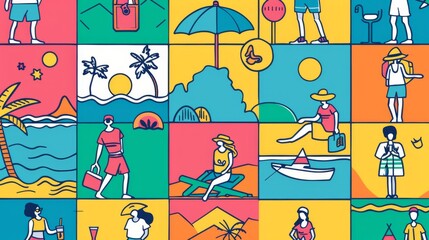 A set of people on vacation with a square frame in flat design style. A minimal modern illustration with a flat design style.