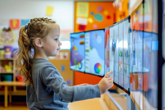 A young girl engages with colorful educational content on a large interactive digital display in a classroom setting