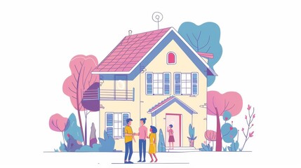 The house is surrounded by people greeting one another. This is an illustration of a real estate agency in flat design style.