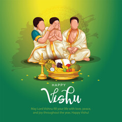 kerala festival Happy Vishu greetings. family watching Vishukani in the day of Vishu.flower, Fruits and vegetables in a bronze vessel. abstract vector illustration design
