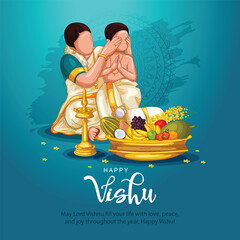 kerala festival Happy Vishu greetings. mother and son watching Vishukani in the day of Vishu.flower, Fruits and vegetables in a bronze vessel. abstract vector illustration design