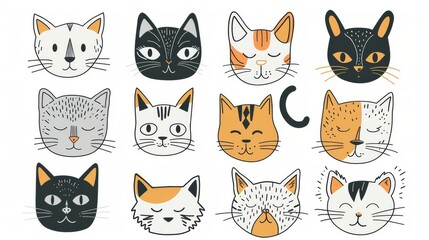 Faces of cats with different breeds and patterns modern illustration