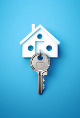 House-Shaped Keyring with Silver Key on Blue Background