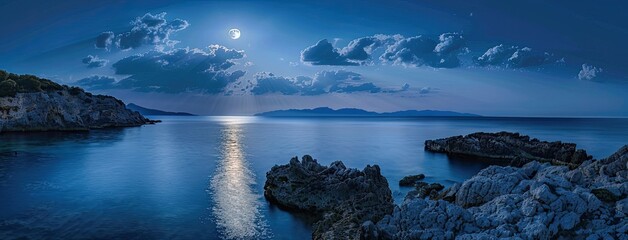 the sea under a colorful blue sky with fluffy clouds and a bright full moon casting its shimmering light upon the sea cape, presenting a serene outdoor atmosphere during the night.