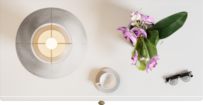 Top view of white bedside table with lamp shade