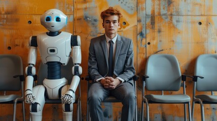 A young man in a suit sitting next to an AI robot waiting for a job interview, Generative AI