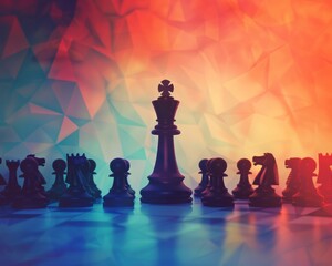 Chess king standing tall among pawns on an abstract background, illustrating strategic leadership and individual authority - obrazy, fototapety, plakaty