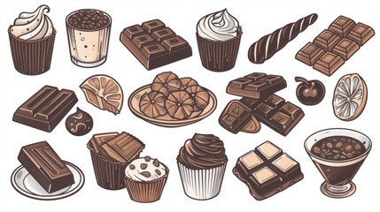 Chocolate food in various forms. Modern design illustration in a handdrawn style.
