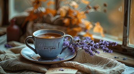 a cup of coffee resting on a white table, accompanied by a bouquet of lavender and a heartfelt note...