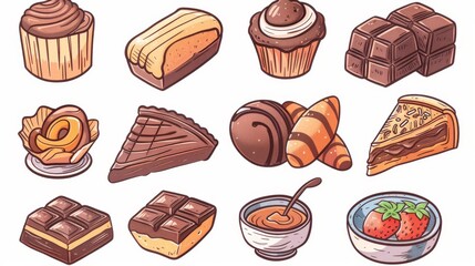 Icons of various types of chocolate food drawn in a hand drawn style.