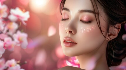 beautiful face of japanese woman perfect skin concept with pink background - obrazy, fototapety, plakaty