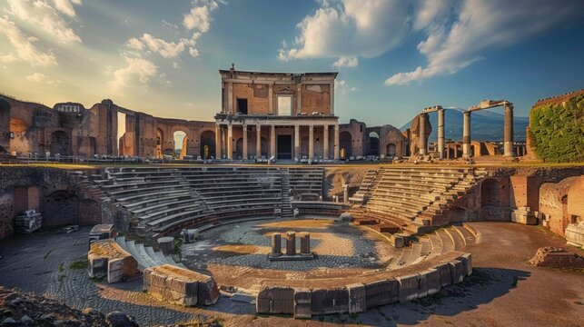 ancient ruined roman theater coliseum on a sunset