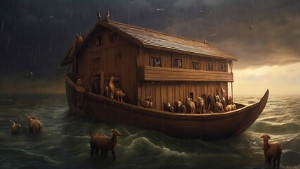 wooden boat in the sea , Noah's Ark amidst the pouring rain during the flood created with generative ai	