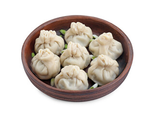 Tasty fresh khinkali (dumplings) with onion isolated on white. Georgian cuisine
