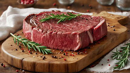 A raw, thick-cut steak is seasoned with black and red peppercorns, garnished with fresh rosemary, and placed on a wooden cutting board - Powered by Adobe